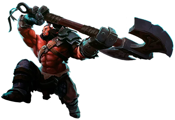 De Dota 2-held Axe in een vechthouding met een enorme bijl, voor een paarse achtergrond.