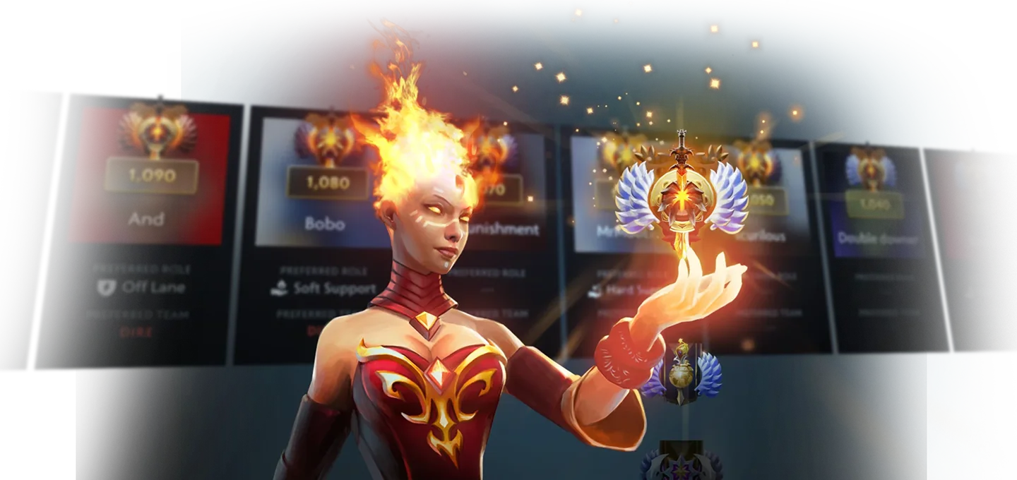 De vurige heldin houdt een zwevende ranginsigne vast voor de achtergrond van de Dota 2 ranglijst.