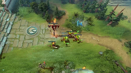 De strijd tussen helden en creeps op een speelveld tijdens een Dota 2-wedstrijd.